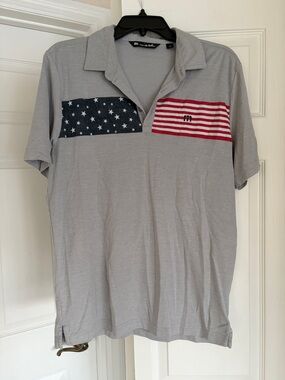 Travis Mathew Men's Gray Polo with American Flag Panels